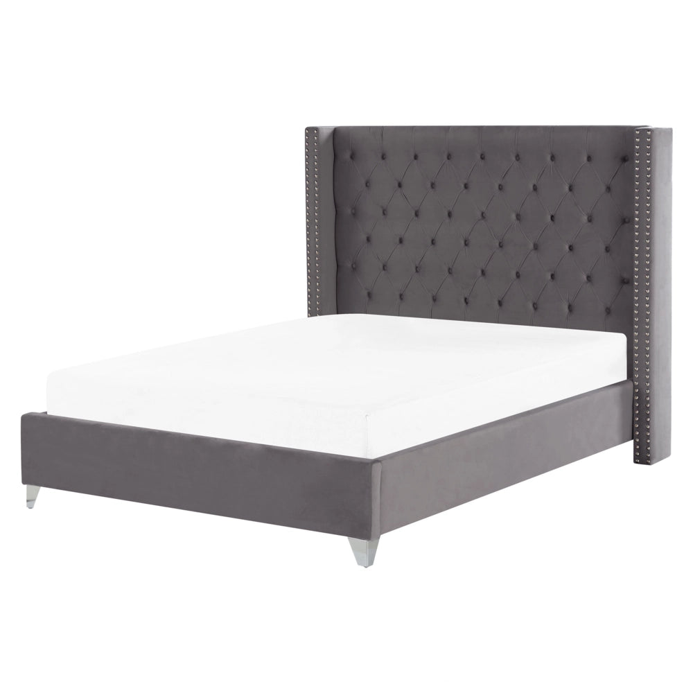 Letto a doghe velluto grigio imbottito trapuntato poggiatesta copritesta piedi 160 x 200 king size design glam