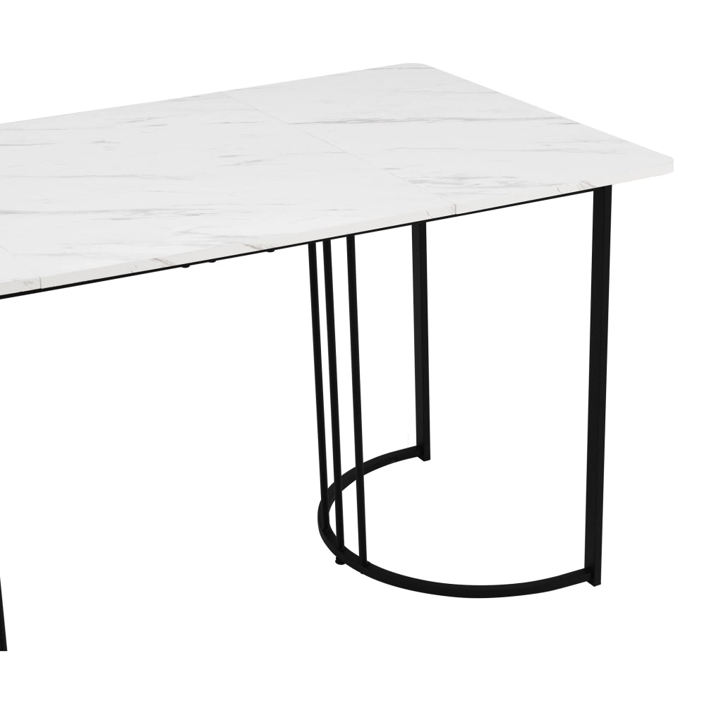 Tavolo da pranzo rettangolare 140x80 cm con piano in MDF effetto marmo e struttura in metallo regolabile, bianco/nero