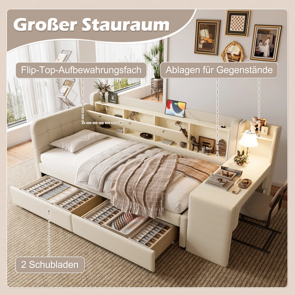 Letto giorno funzionale in lino beige 90x200 cm