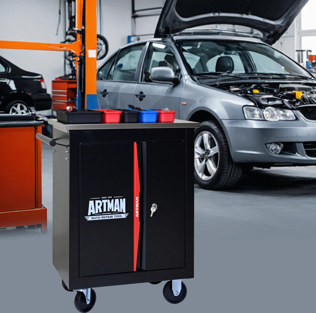 Carrello porta attrezzi multifunzione a due ante in acciaio nero e rosso con ruote e serratura