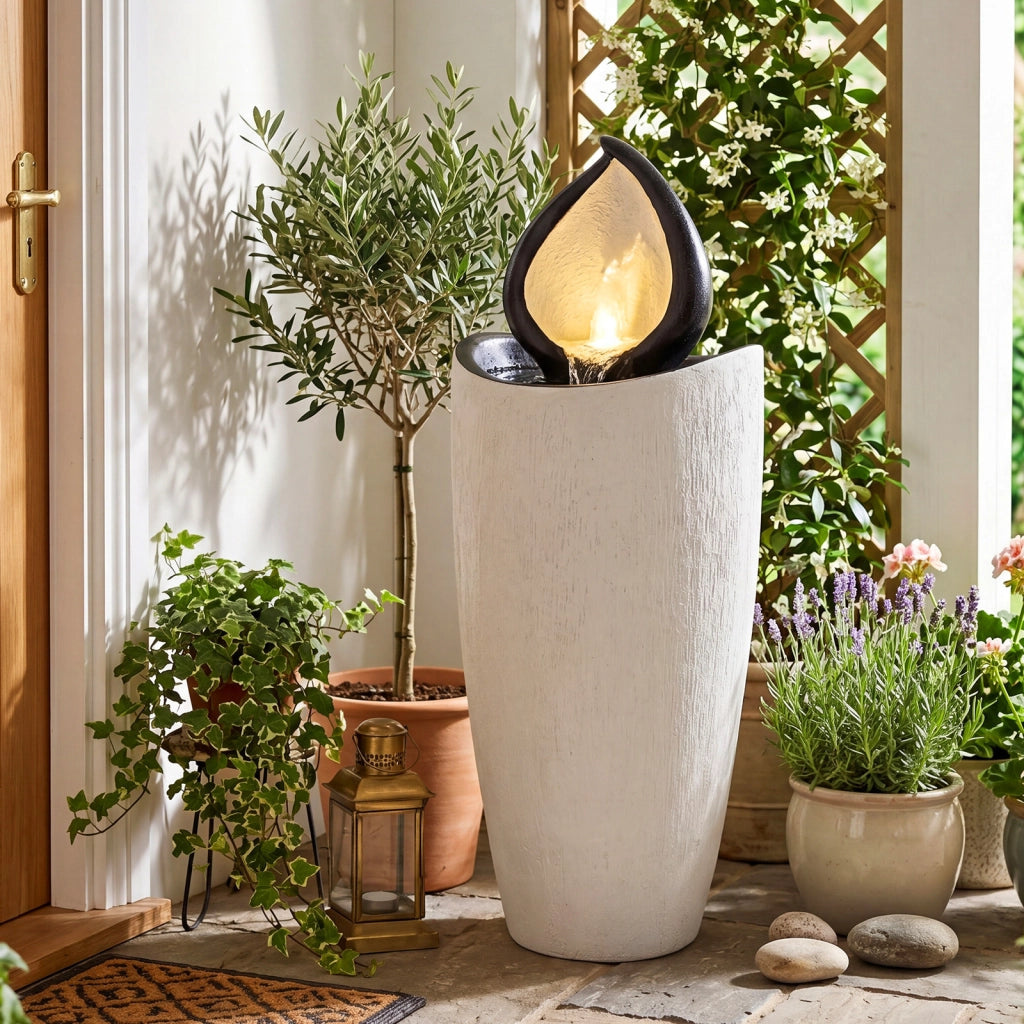 Fontana da giardino 92 cm effetto pietra sistema di acqua circolante, Fontana decorativa con pompa e 4 luci led da esterno