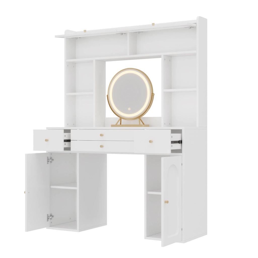 Tavolo da toeletta LED con 4 cassetti, 2 ante e ripiani aperti, per camera da letto, bianco, 120 × 40 × 160 cm