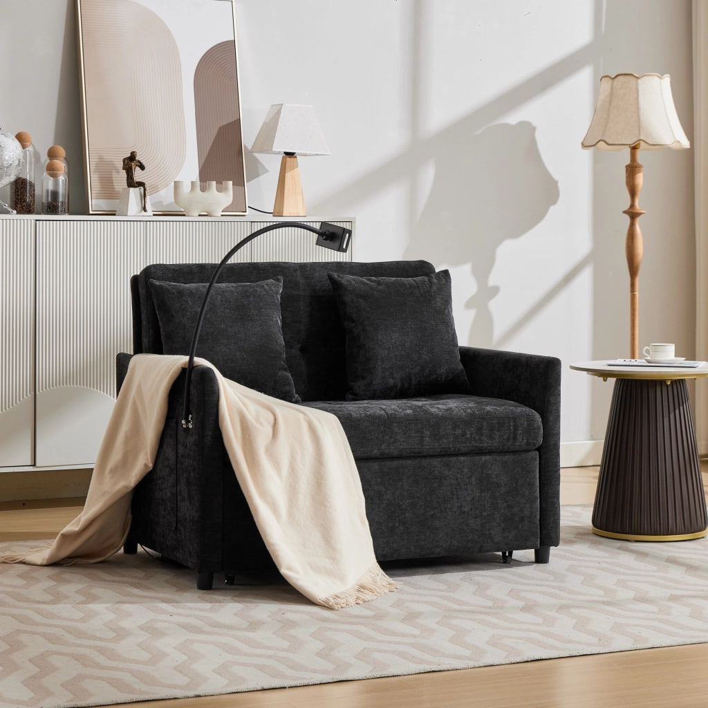 Divano per piccoli spazi in tessuto effetto lino spazzolato nero con porta USB e supporto tablet 83;5 × 109 × 72 cm