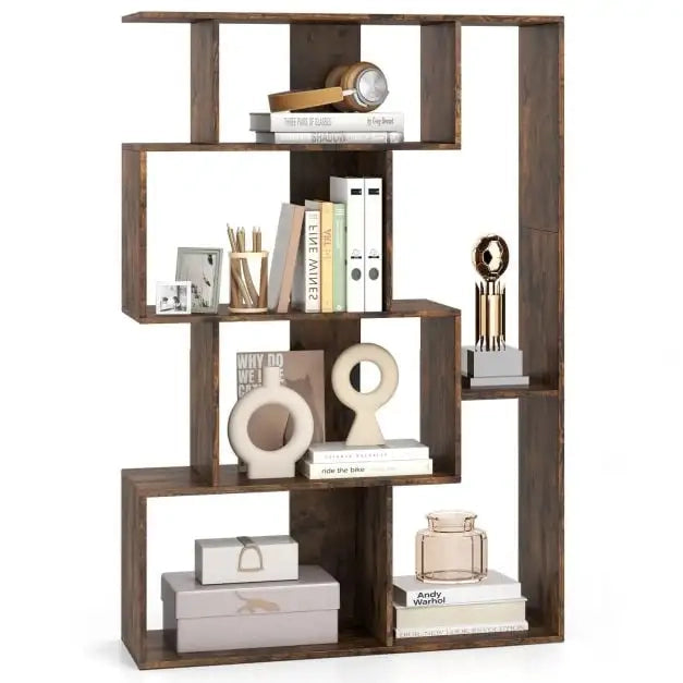 Libreria geometrica moderna a 6 scomparti e 4 ripiani, mobile scaffale aperto con kit antiribaltamento per casa e ufficio, colore caffè