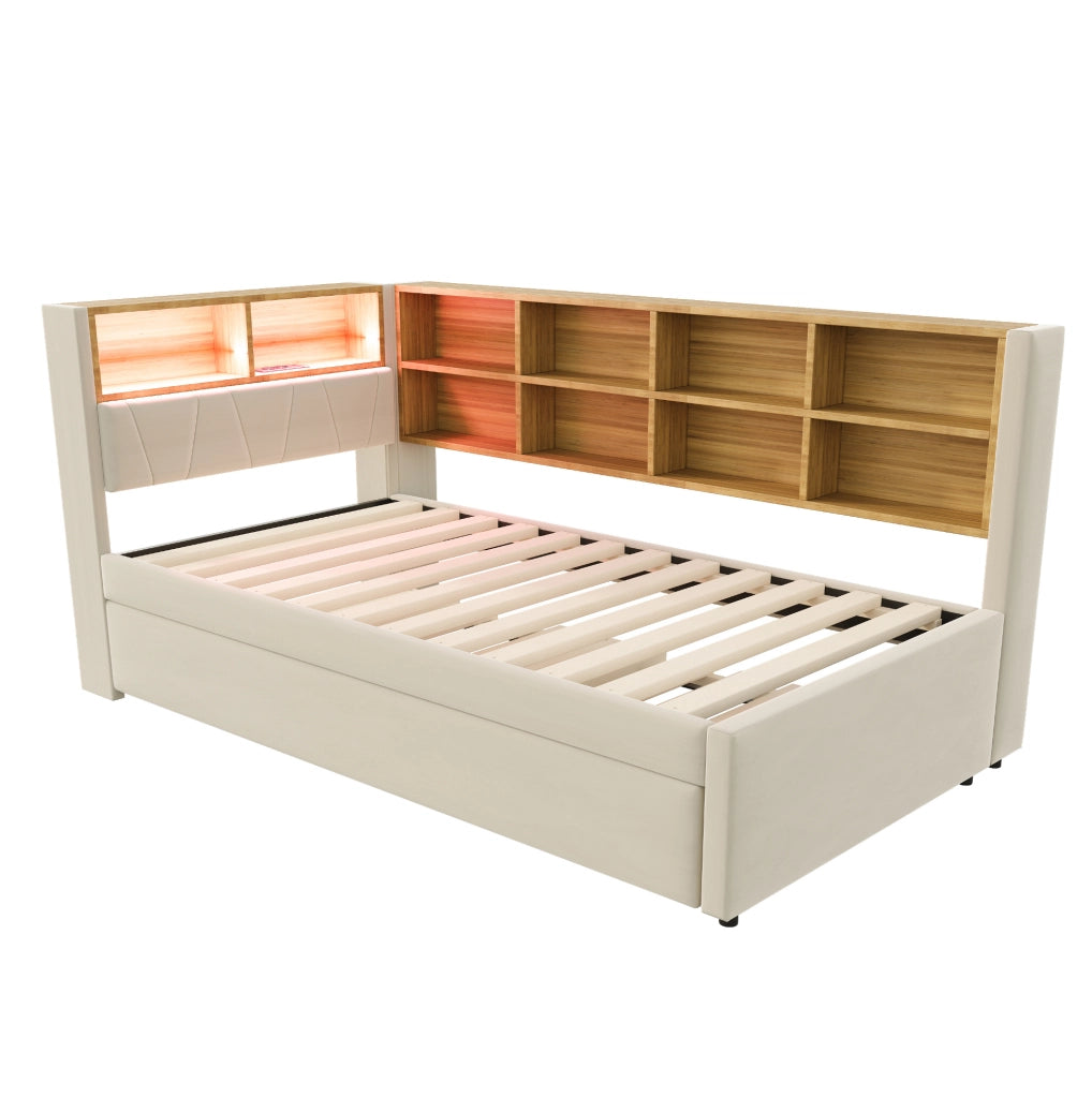 Letto estraibile multifunzionale 90 x 200 cm beige con LED