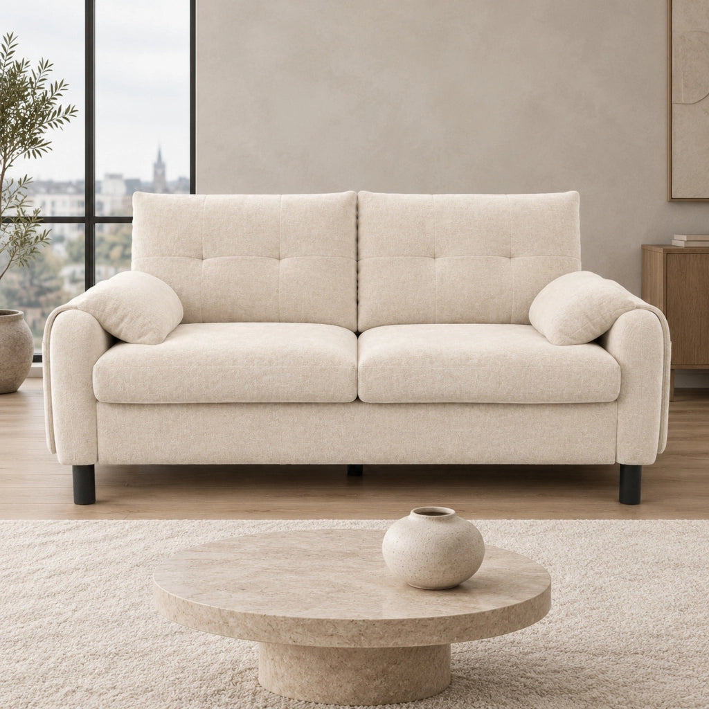 Divano 2 posti 158x80x88,5 cm in tessuto di ciniglia beige con tasche laterali