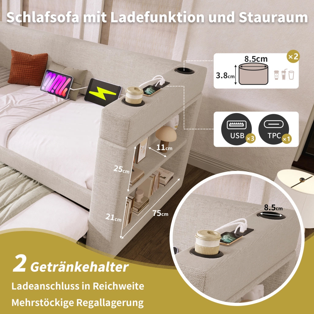 Daybett con letto estraibile cotone lino 90x190 cm