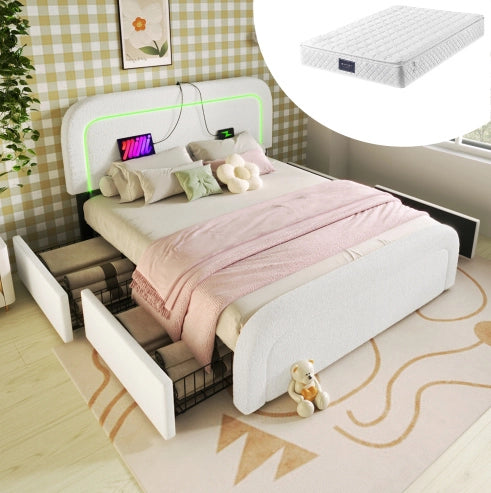 Letto matrimoniale 160x200 cm in sherpa bianco con materasso; 4 cassetti; LED e USB/Type-C HOMVRA