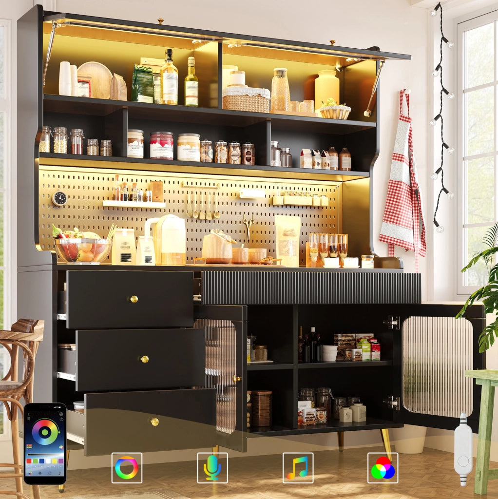 Armadio alto con LED RGB e vetro rigato nero 145x39x171 cm