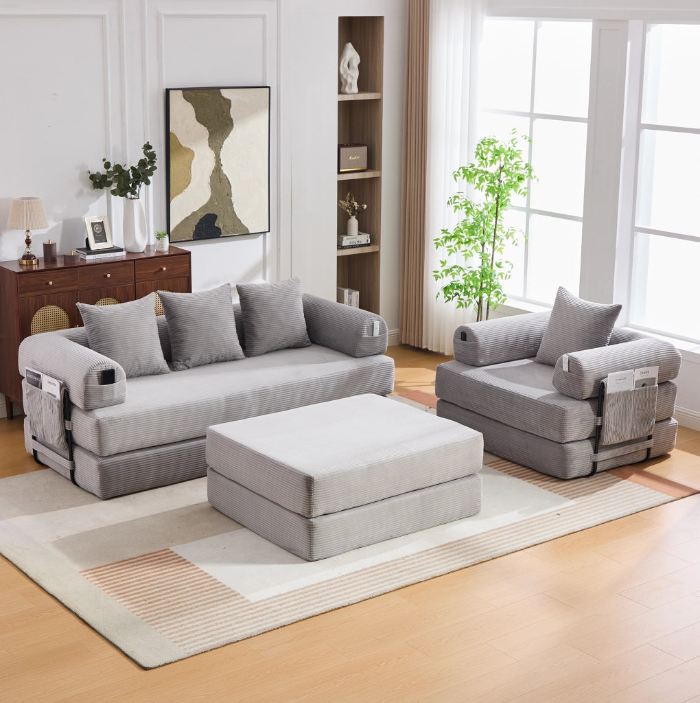 Divano modulare in corduroy con pouf; grigio chiaro