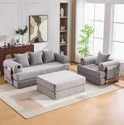 Divano modulare in corduroy con pouf; grigio chiaro
