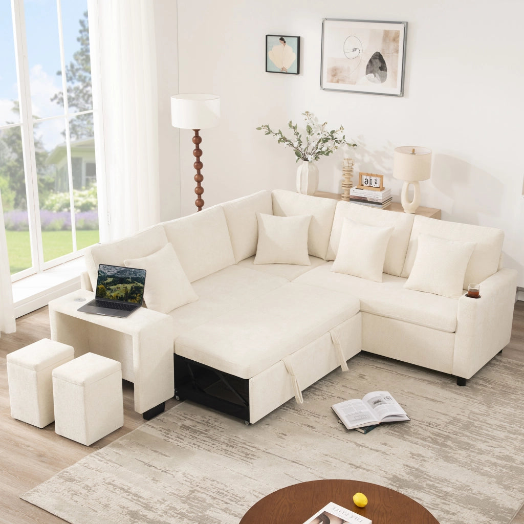 Divano letto angolare modulare a 5 posti in ciniglia beige con chaise longue reversibile vano contenitore e porte USB
