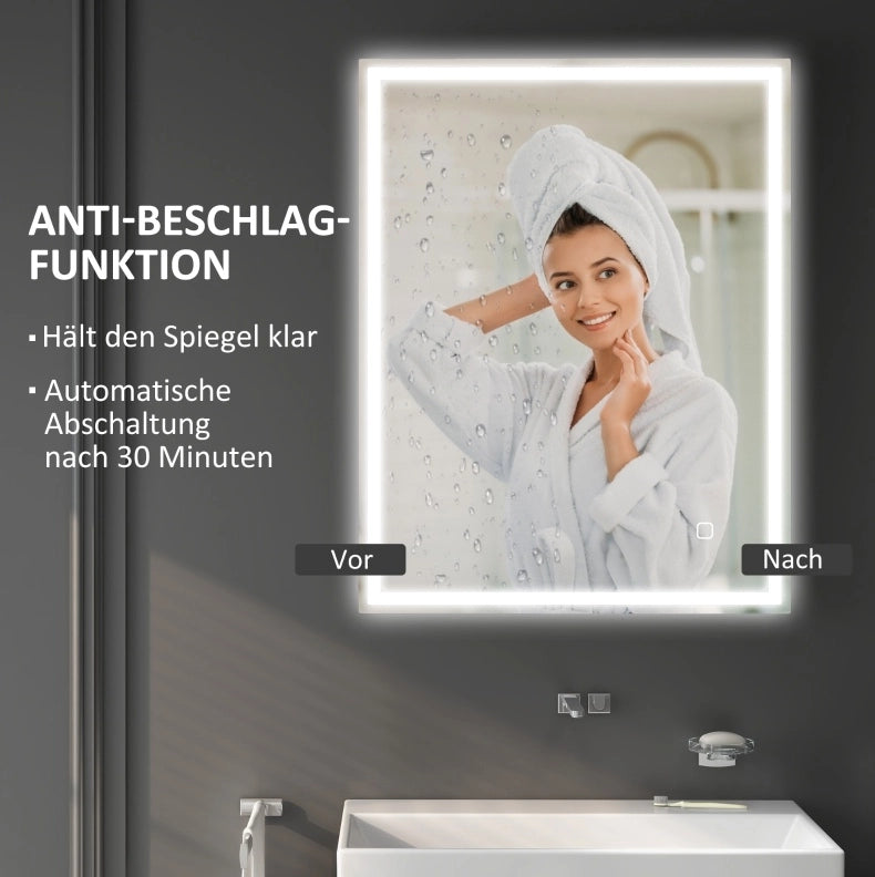 Specchio da bagno LED 90x70 cm con illuminazione dimmerabile e funzione memoria, design in vetro temperato argento