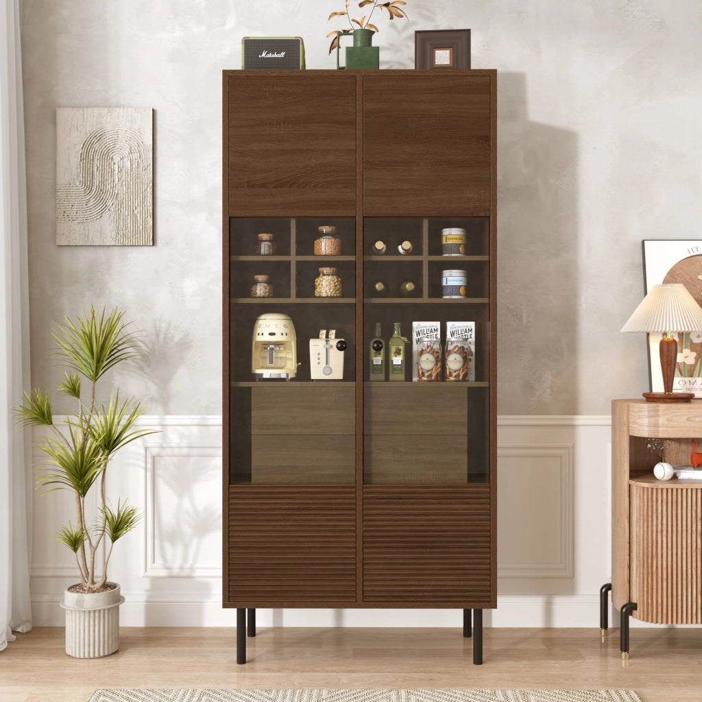 Vetrina con 4 cassetti nascosti e anta in vetro per bagno soggiorno e ufficio in MDF effetto legno, portata 60 kg
