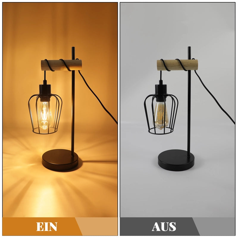 ZMH Lampada da tavolo vintage legno nera metallo E27 1 luce senza lampadina per soggiorno comodino