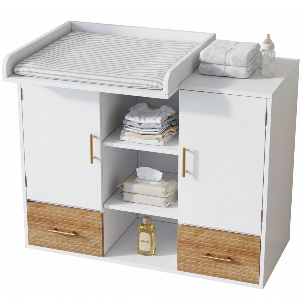 Mobile contenitore fasciatoio con 2 cassetti, ante e ripiani, per cameretta, in MDF, naturale e bianco, 114 × 53 × 92 cm