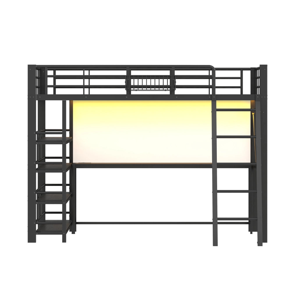 Letto soppalcato 140x200 in metallo nero con scrivania， LED e USB， senza materasso