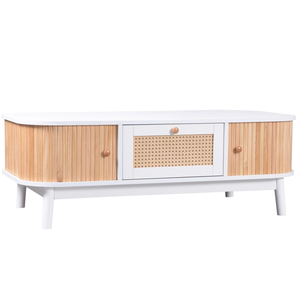 Tavolino da caffè in rattan e legno massello con cassetti e ante scorrevoli, 110x55x38,5 cm, stile naturale
