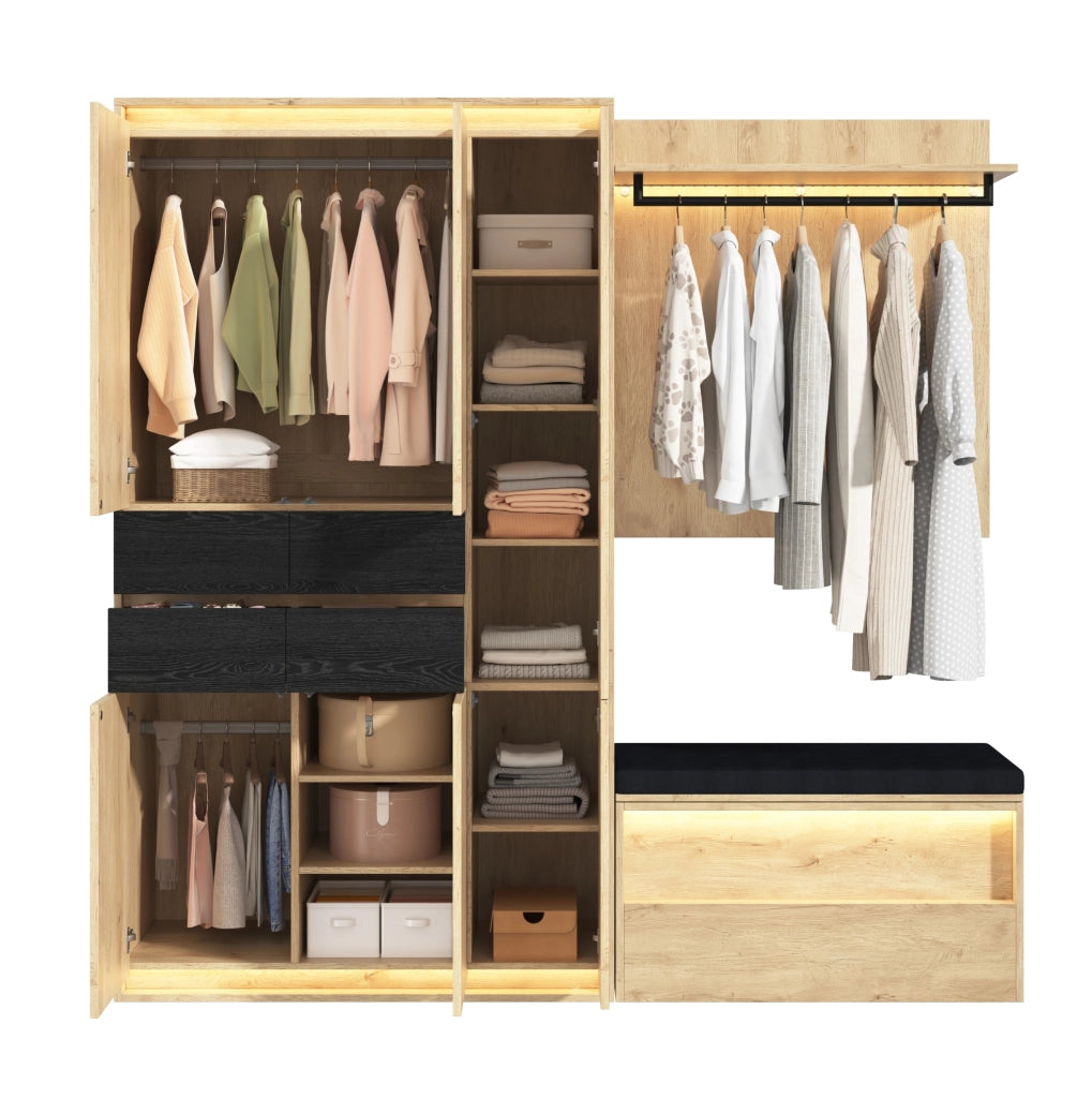 Set guardaroba con specchio; 3 luci LED e panca; 200 ¡Á 47 ¡Á 200 cm; MDF color legno