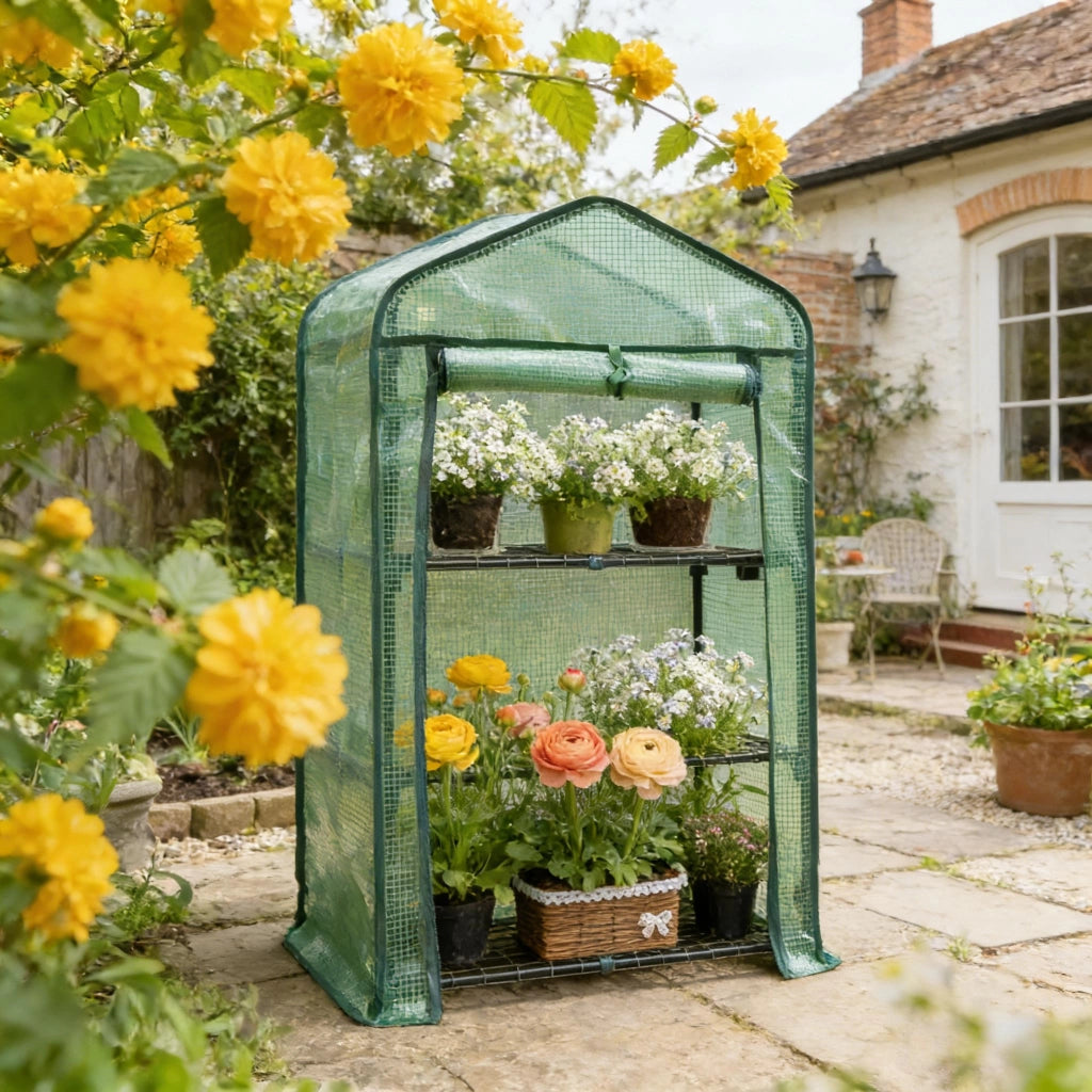 Serra da giardino a 3 ripiani con copertura in PE e porta avvolgibile verde 69 × 49 × 125 cm per balcone e terrazza