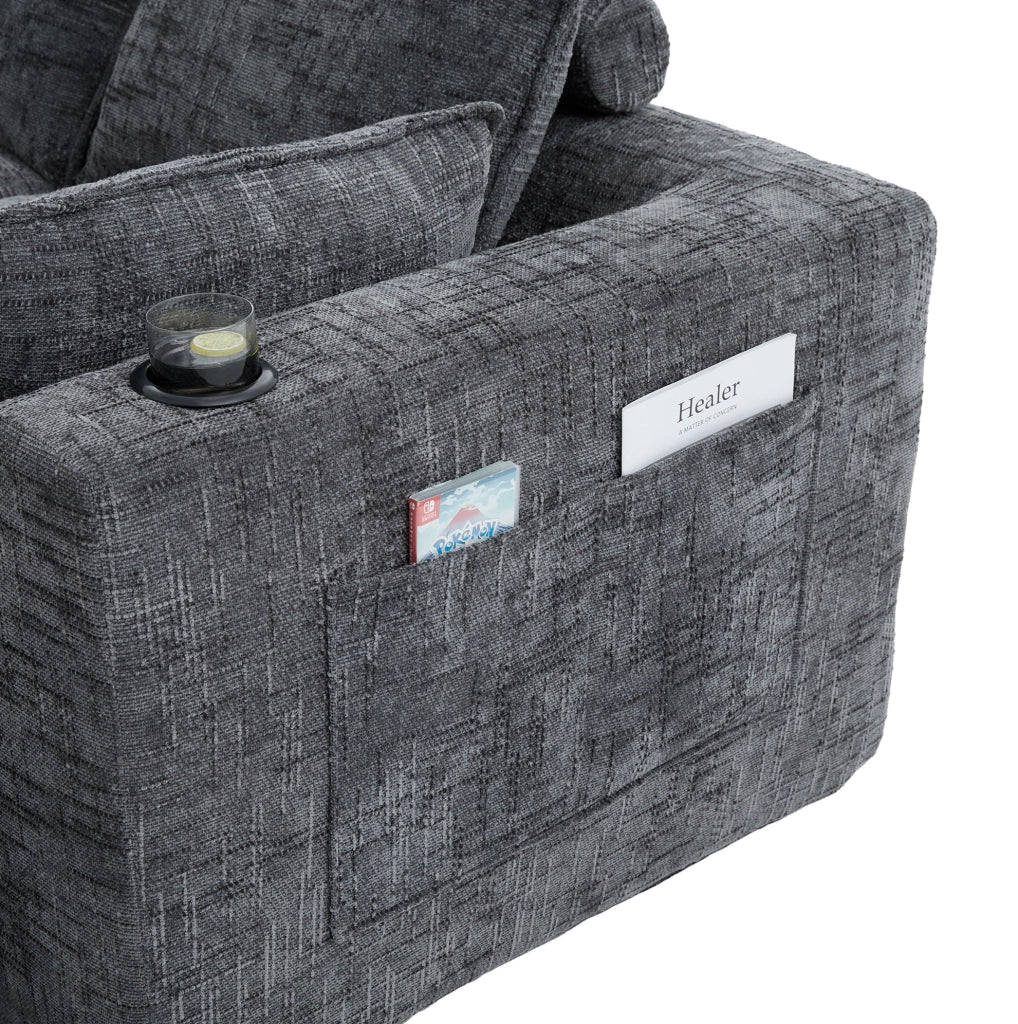 Divano modulare ULEVR 322x161x75 cm in ciniglia grigio scuro con cuscini e tasche laterali