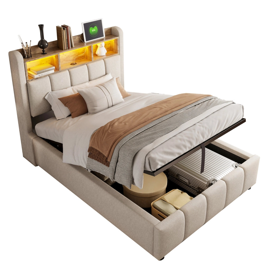 Letto imbottito 90x200 cm con LED, USB-C e vano contenitore