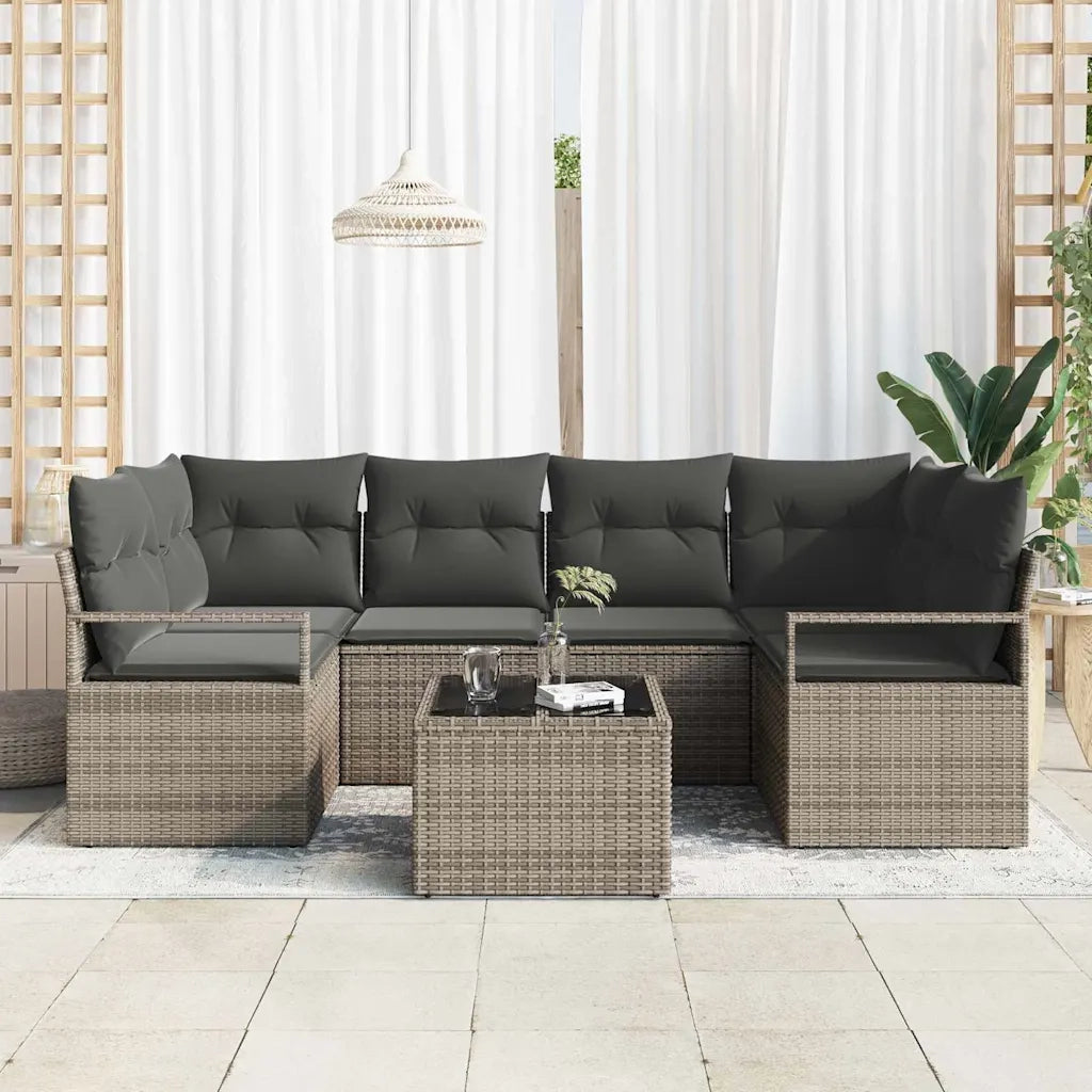 Set Divano da Giardino 7 pcs Grigio Polyrattan, Acciaio e Vetro