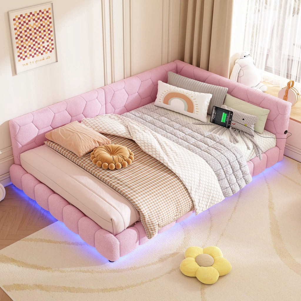 Letto da Giorno 140x200 cm in velluto con LED; USB-C Rosa