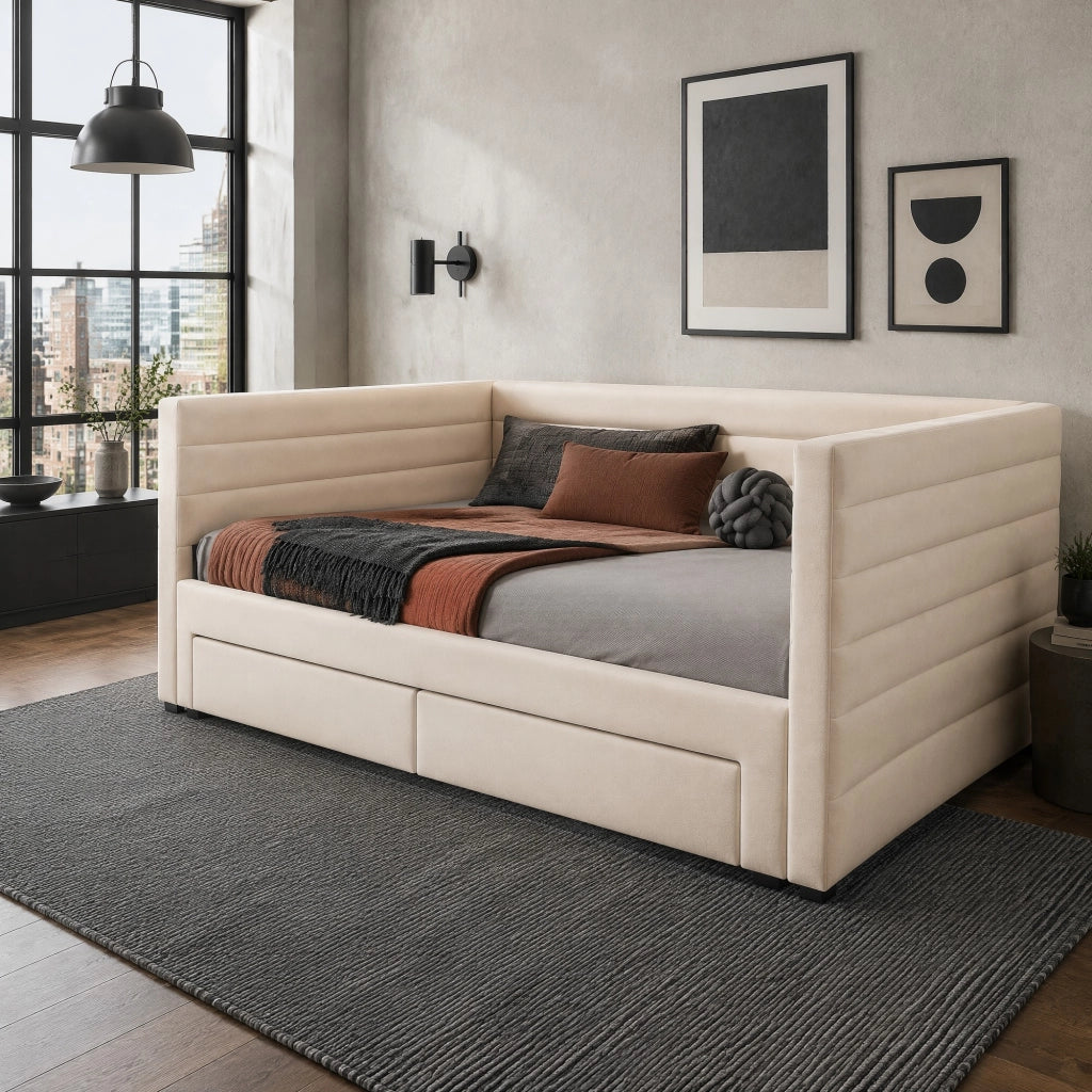 Letto estraibile 3 in 1 con due cassetti rivestito in cotone e lino beige con rete a doghe