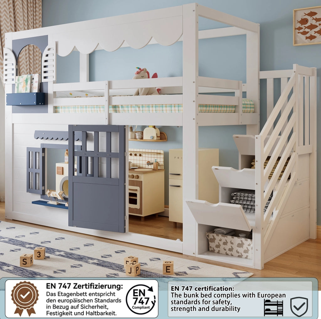 LETTO A SOPPALCO 90x200 cm Bianco e Blu con Scala Contenitore a Casetta