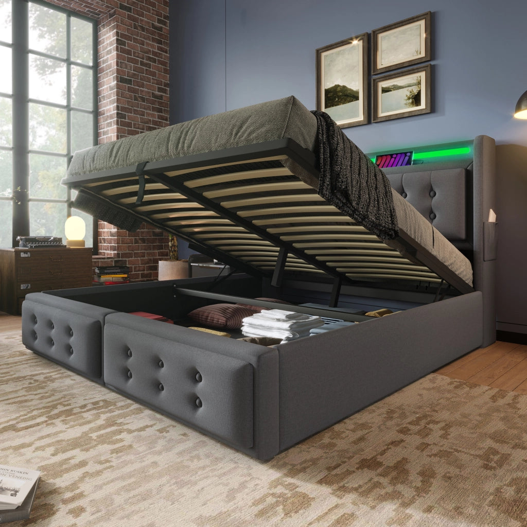 Letto matrimoniale 140 ¡Á 200 cm con materasso LED prese USB C contenitore in tessuto grigio