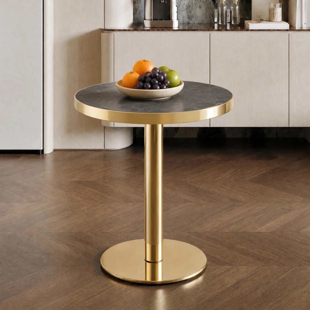 Tavolino rotondo con piano in MDF rivestito UV effetto marmo e struttura in acciaio inox colore grigio e oro