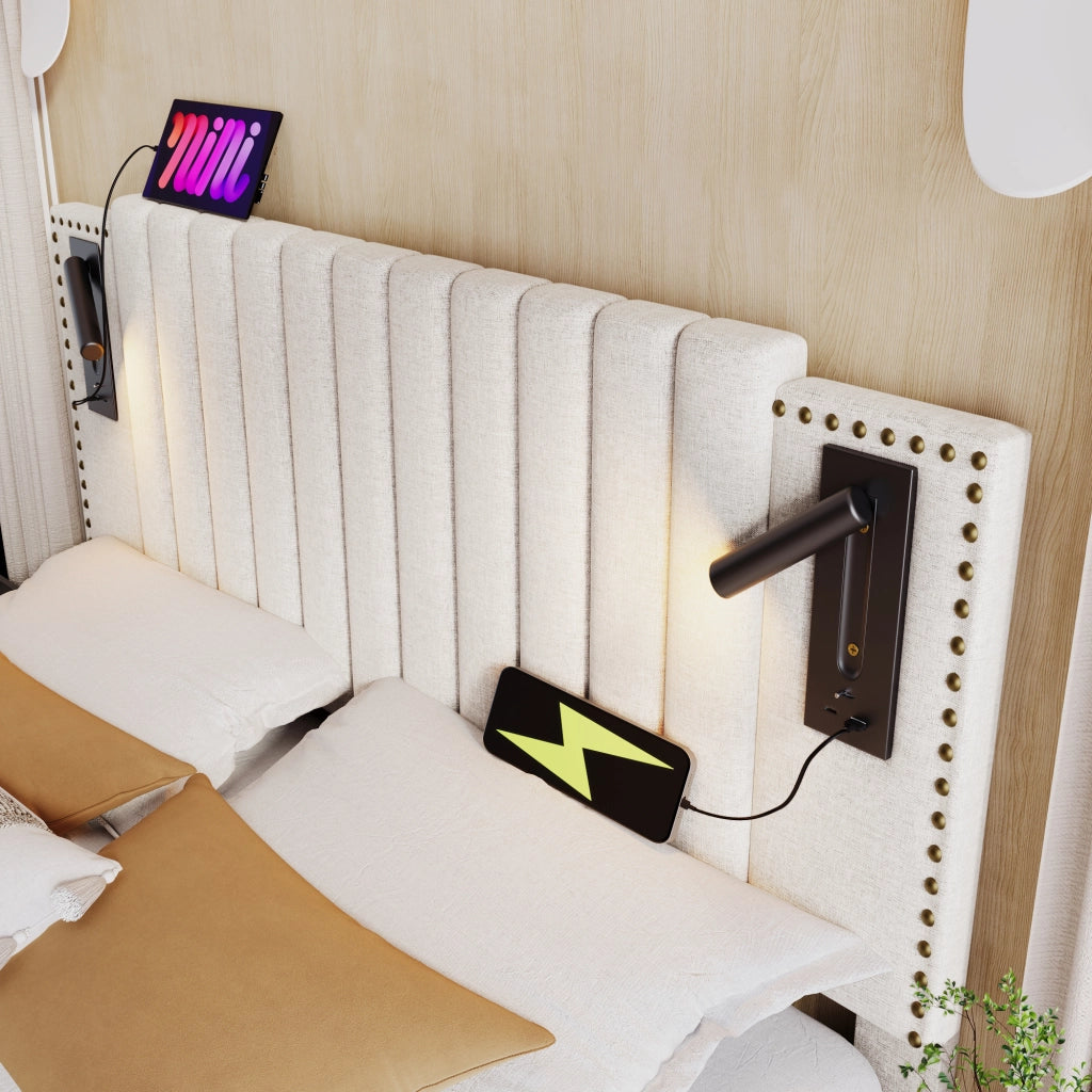 Letto per adulti 180x200 cm con vano contenitore; luci da lettura e porte USB/Type-C; cotone beige