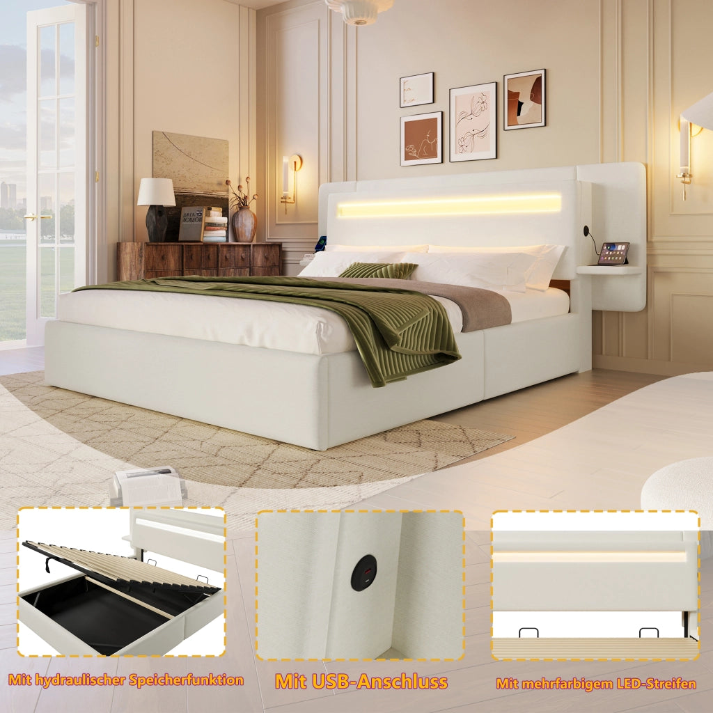 Letto con contenitore 140 × 200 cm imbottito con rivestimento in lino LED multicolore comodino integrato USB beige