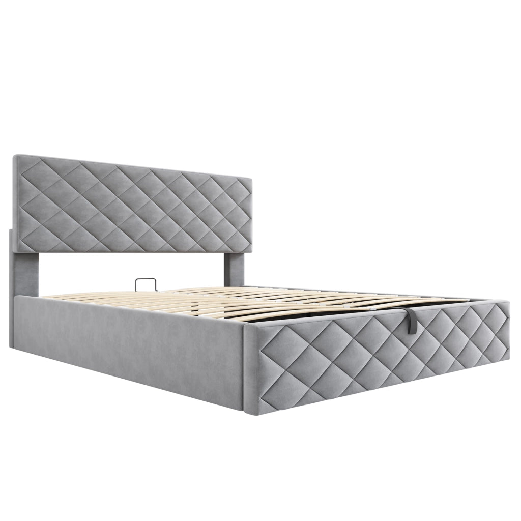 Letto imbottito grigio 140x200 cm con contenitore idraulico