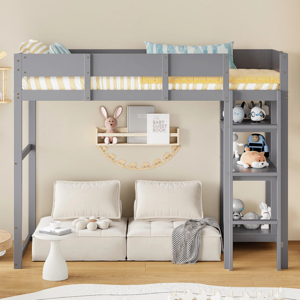 Letto a soppalco 90 × 200 cm con ripiano integrato rete a doghe in legno grigio con protezioni laterali