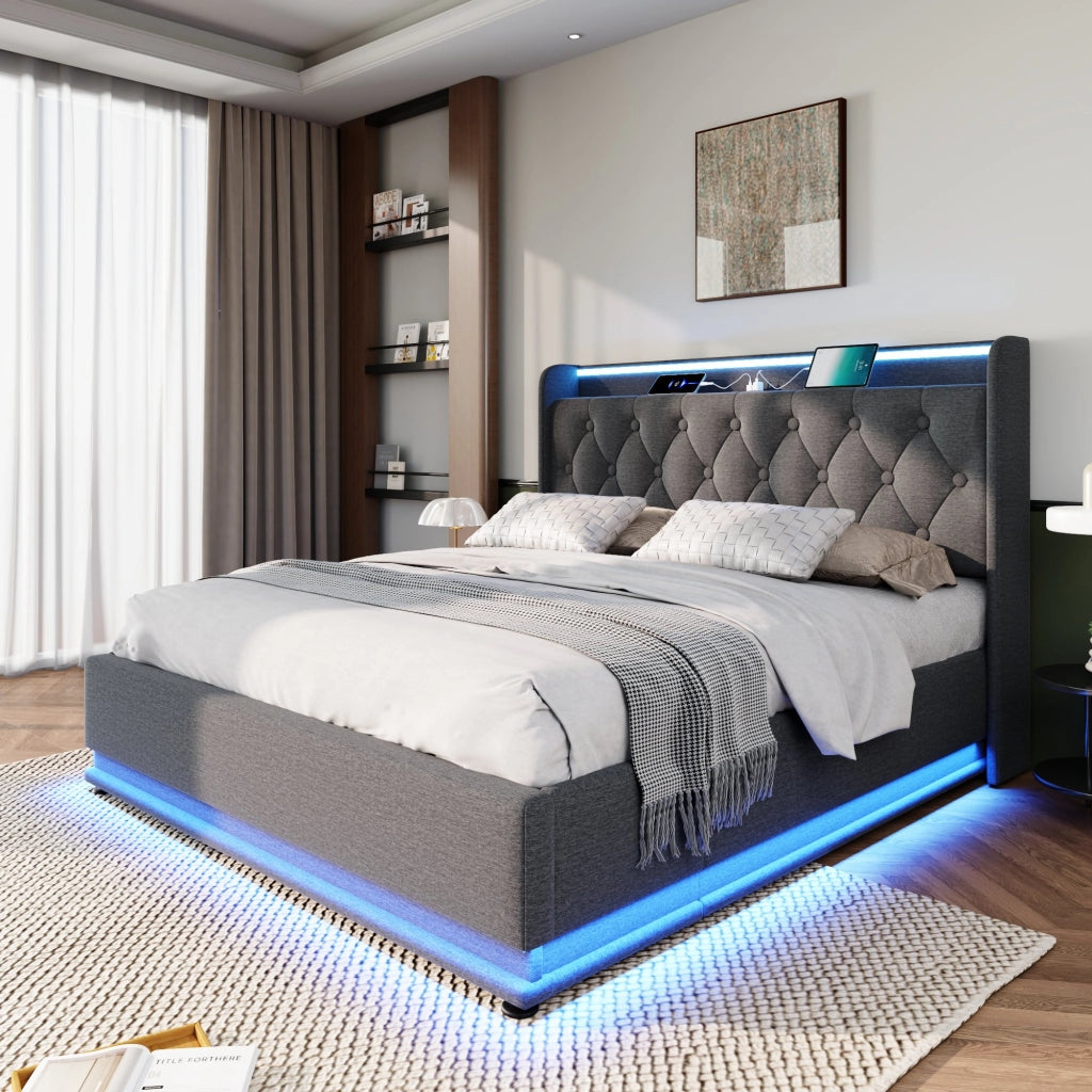 Letto matrimoniale imbottito 140x200 cm in lino grigio con LED; contenitore idraulico e USB-C