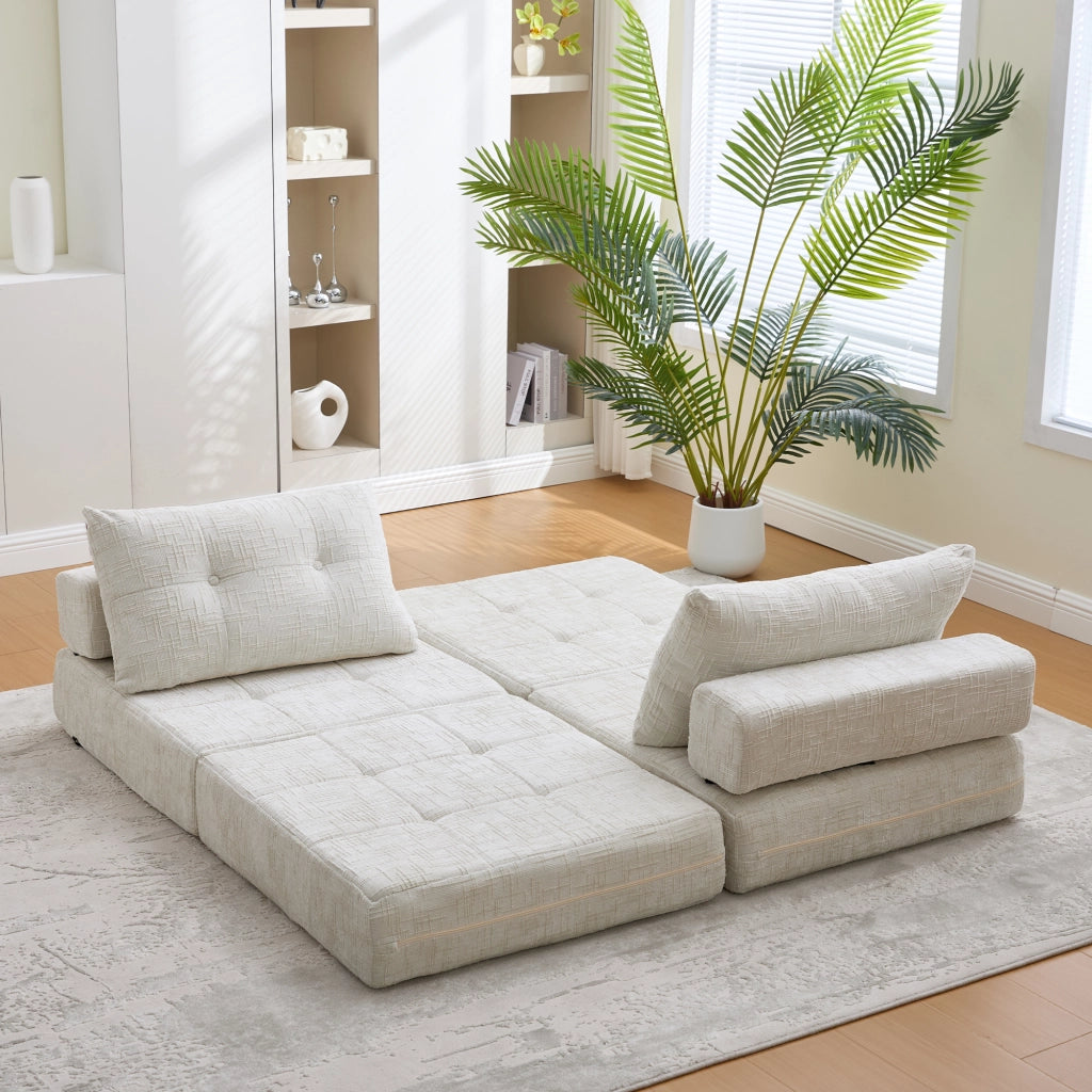 Divano letto pieghevole 79x180 cm in ciniglia beige con cuscini