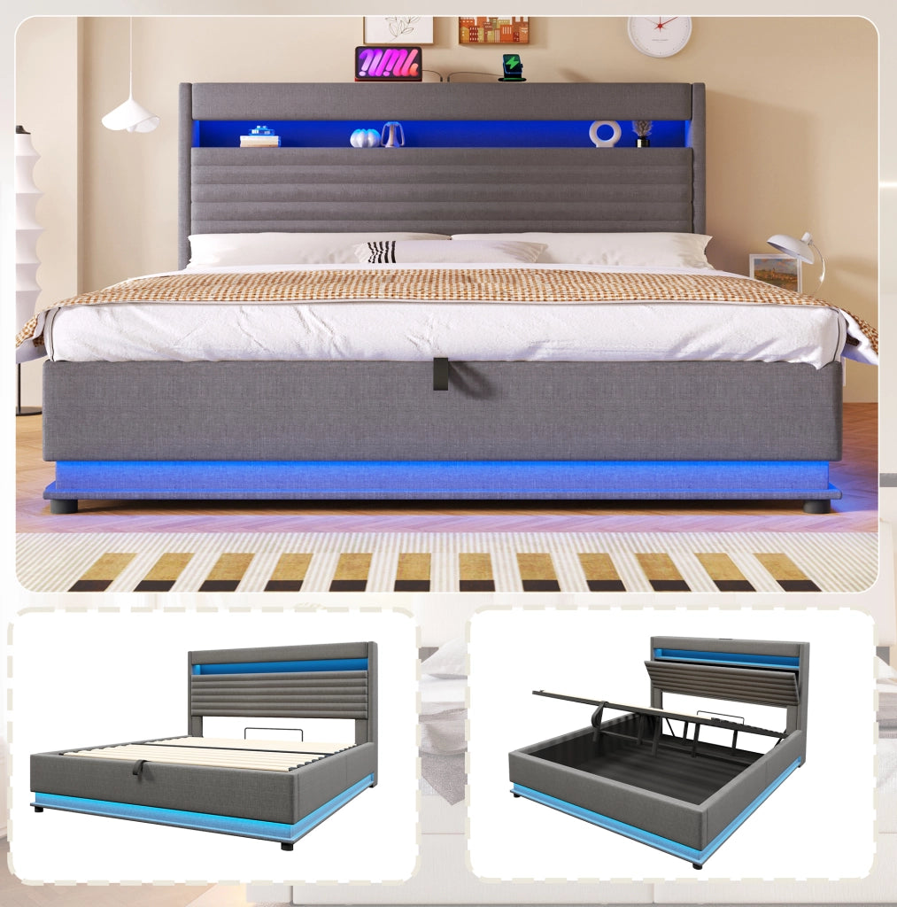 Letto imbottito 180 × 200 cm con contenitore idraulico; LED; USB e USB-C; lino grigio