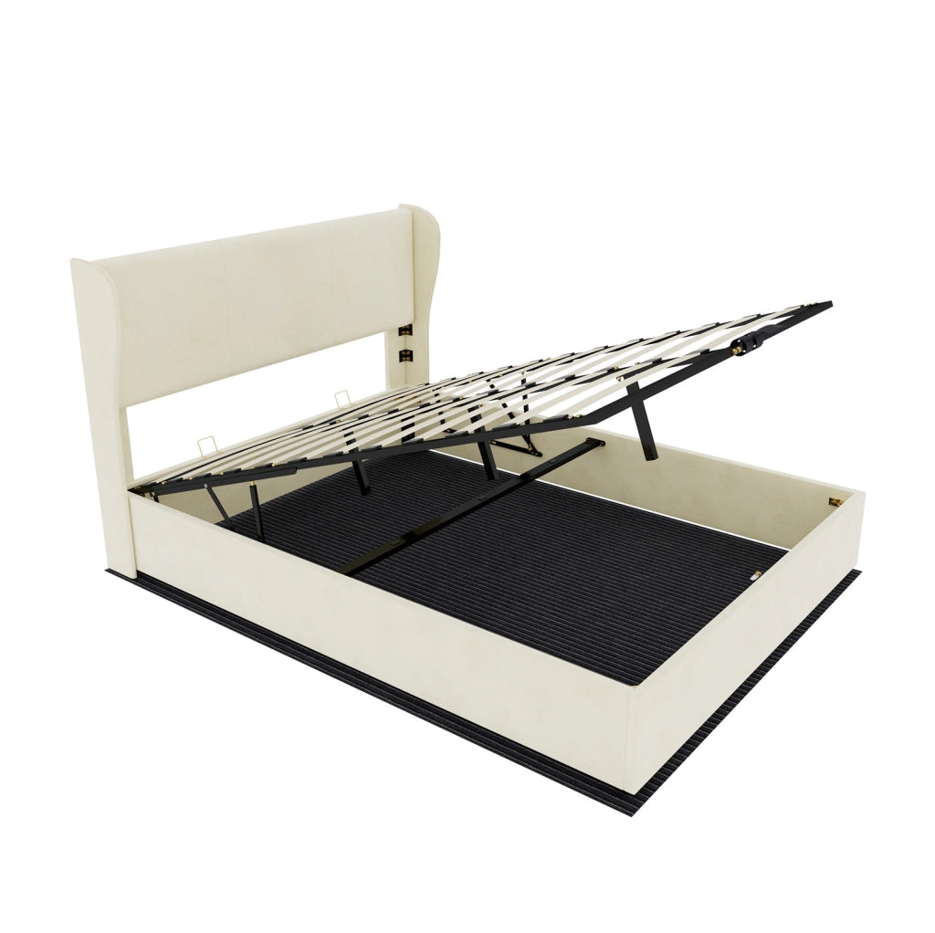 Letto Moderno Minimalista 140x200 cm Beige con Testiera Imbottita e Base Contenitore a Gas