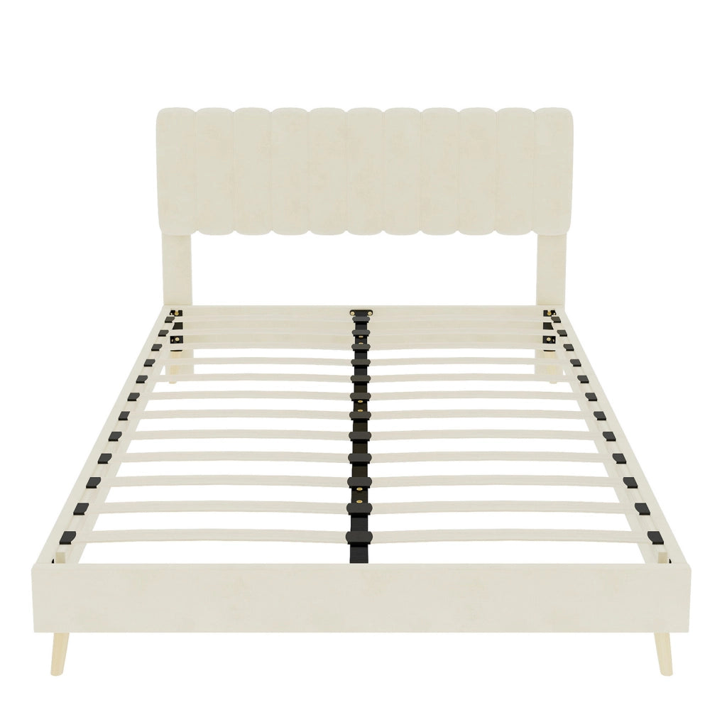 Letto imbottito moderno 160x200 cm beige con testiera morbida e base bassa senza contenitore, materasso incluso