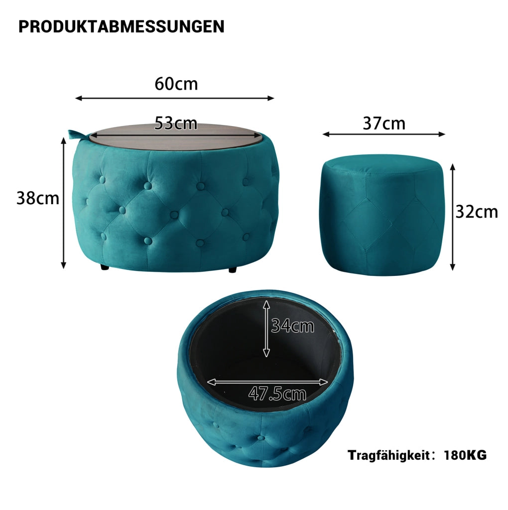 Set di 2 Pouf Nesting in Velluto Blu con Portaoggetti e Vassoio in Legno, Design Salvaspazio 4-in-1, Ø 58 cm