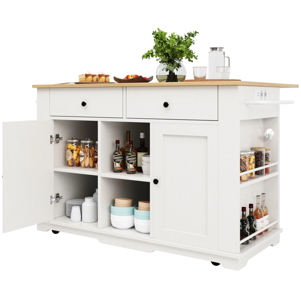 Isola cucina su ruote con piano pieghevole e prese; 151;5x84;7x91;7 cm; bianco e naturale