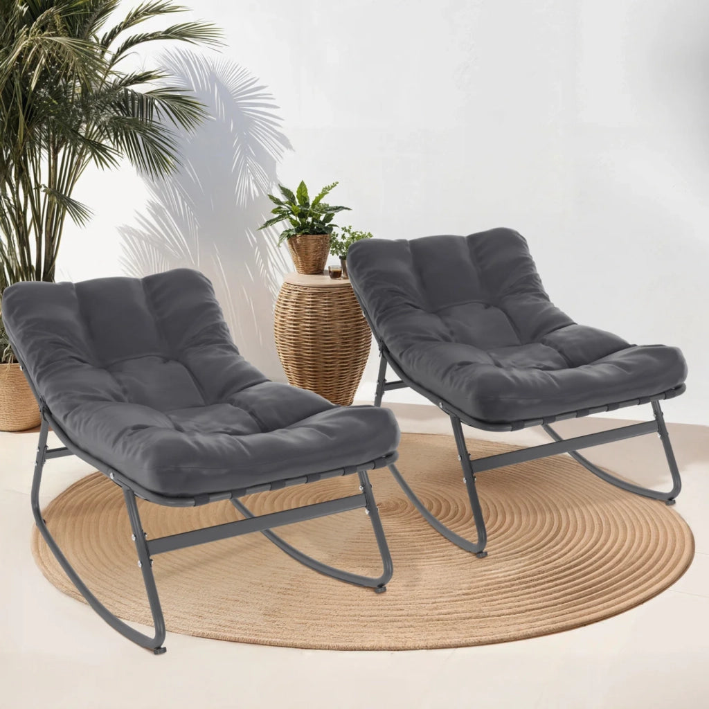 IDMarket - Set di 2 sedie a dondolo da giardino ARONA in grigio antracite con cuscini grigi