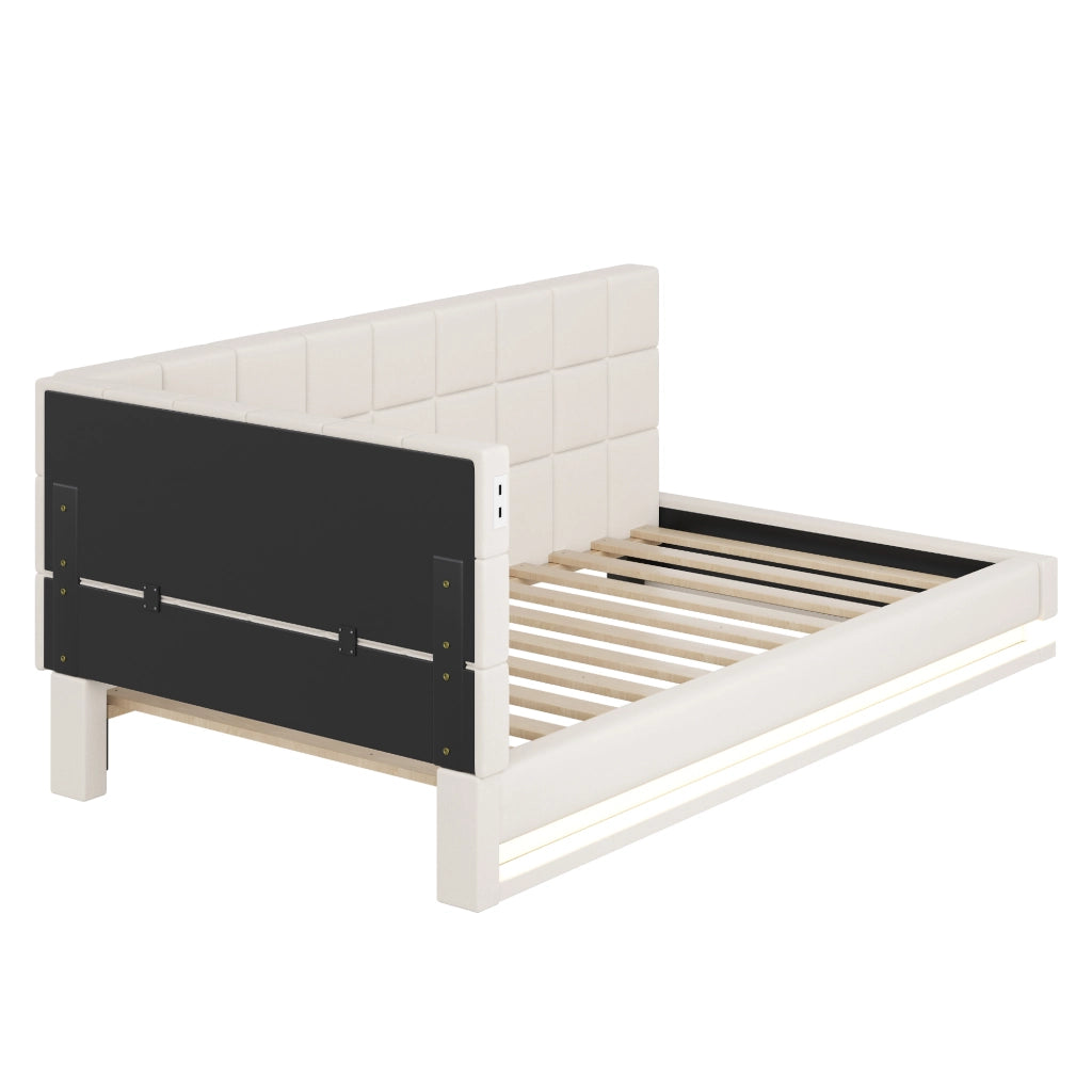 OKWISH Letto divano 90×200 cm, Letto Singolo con LED Multicolore, USB e Doghe, senza Materasso, in Tessuto Lino, Beige