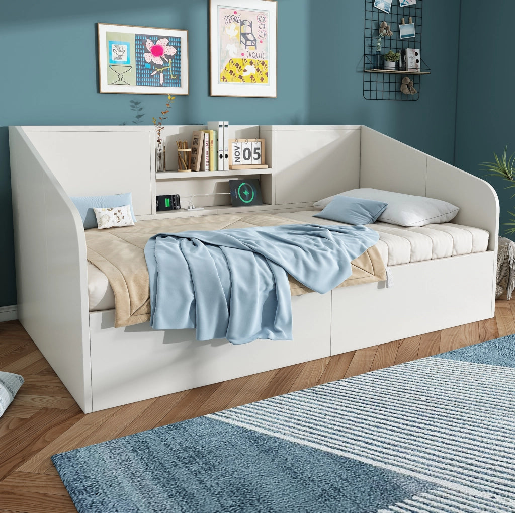 Letto singolo 90x200 cm bianco con contenitore e stazione USB