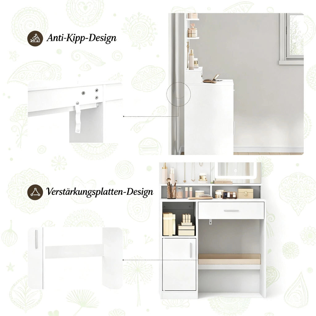 Tavolo da toeletta con specchio LED a 3 luci, cassetto, ripiani e vani, moderno, per camera, bianco, 80 × 40 × 140 cm