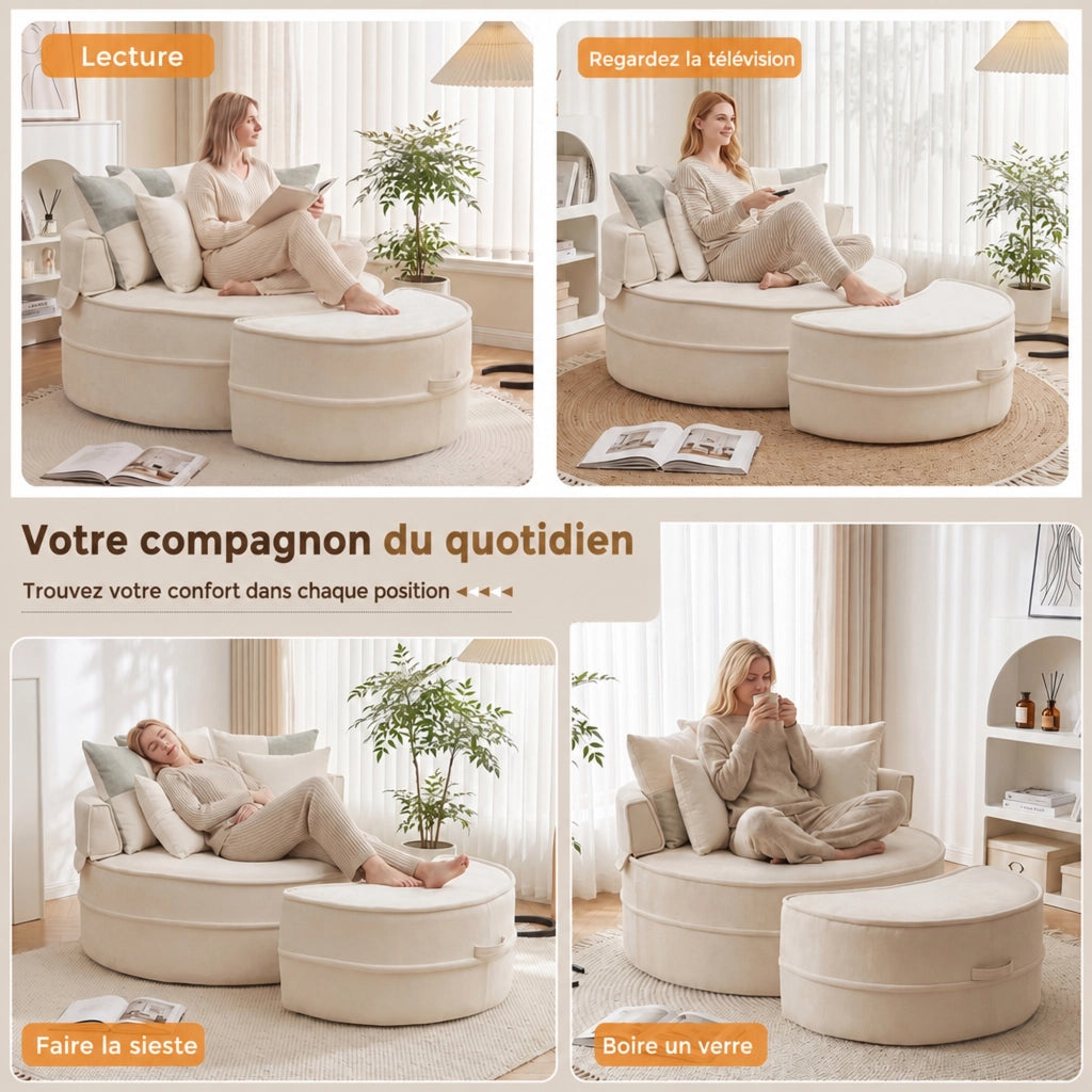 Poltrona lounge rotonda beige con pouf e 5 cuscini