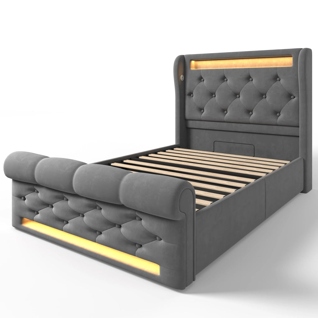 Letto singolo con contenitore 90 × 200 cm idraulico in velluto grigio con LED e porte USB e Type-C