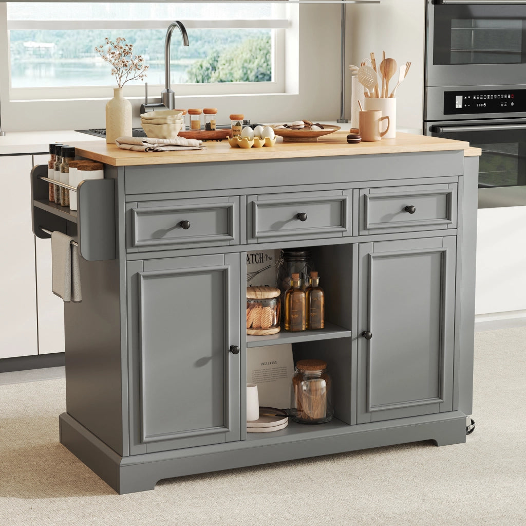 Isola cucina con ruote 188x45x92 cm in MDF grigio con piano estensibile